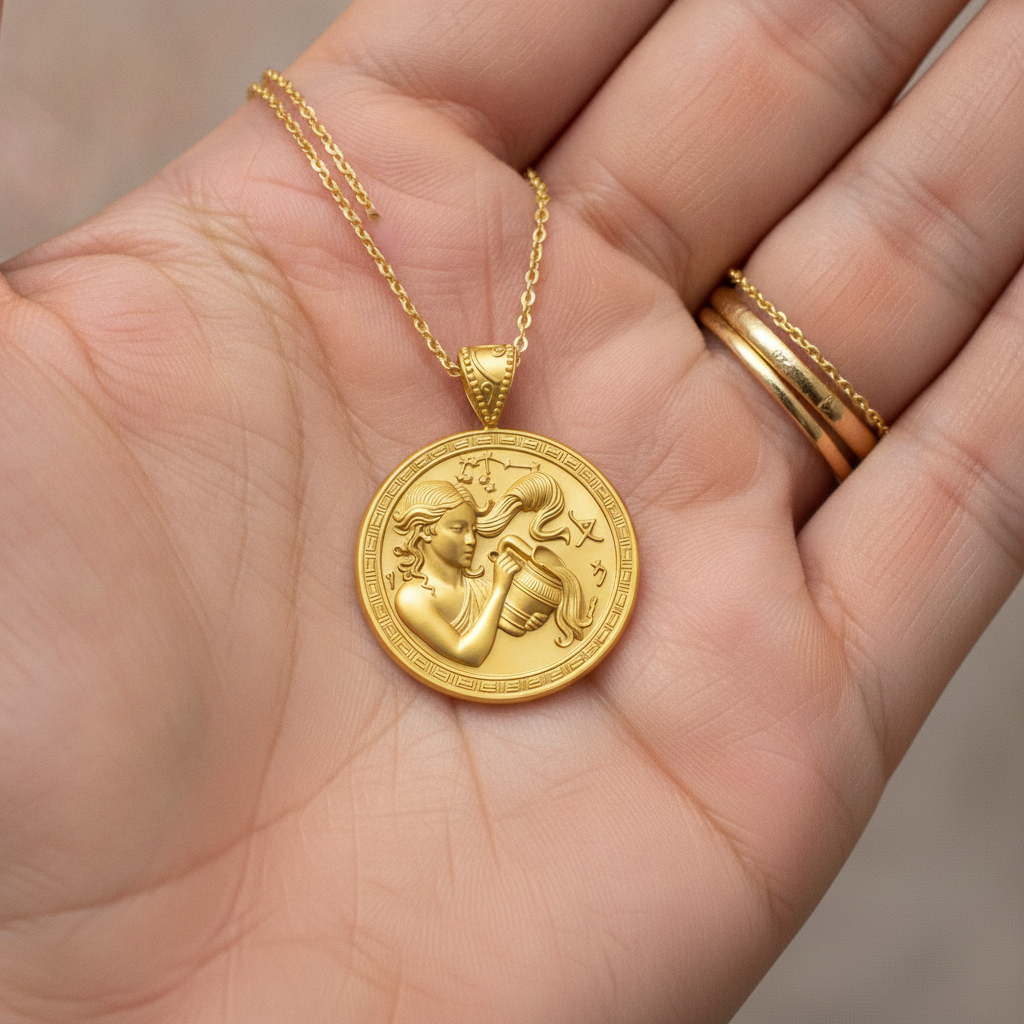 Aquarius Zodiac Medallion Necklace, 25mm Water Bearer Pendant, Greek Astrology Coin Necklace, 9K Gold, Sterling Silver or Yellow Brass, Zodiac Birthday Gift