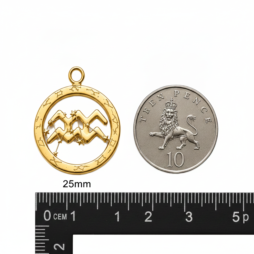 Aquarius Symbol Zodiac Pendant Necklace, 25mm Aquarius Constellation Pendant, Water Bearer Astrology Necklace, 9K Gold, Sterling Silver or Yellow Brass Gift