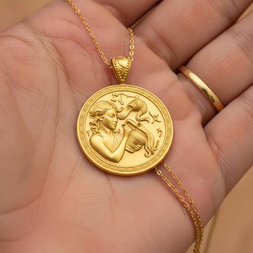 Aquarius Zodiac Medallion Necklace, 25mm Water Bearer Pendant, Greek Astrology Coin Necklace, 9K Gold, Sterling Silver or Yellow Brass, Zodiac Birthday Gift
