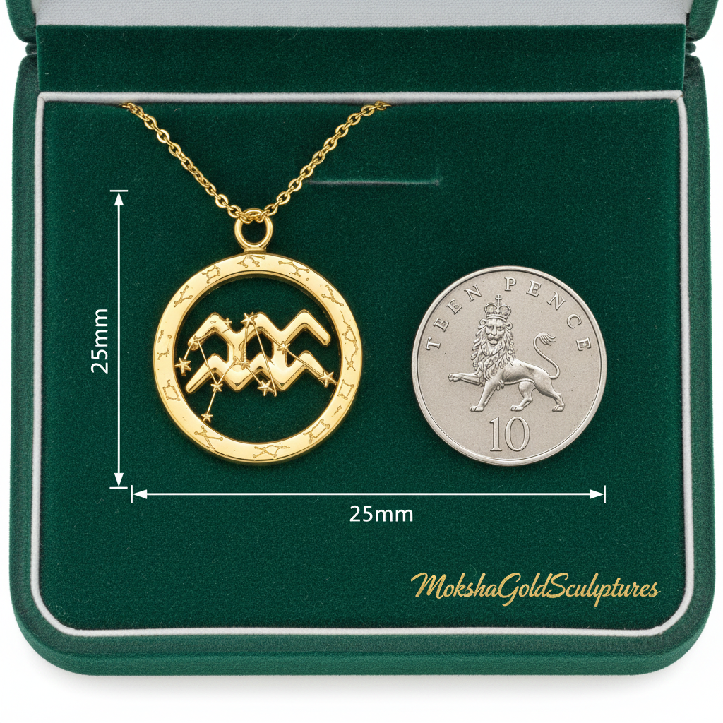 Aquarius Symbol Zodiac Pendant Necklace, 25mm Aquarius Constellation Pendant, Water Bearer Astrology Necklace, 9K Gold, Sterling Silver or Yellow Brass Gift