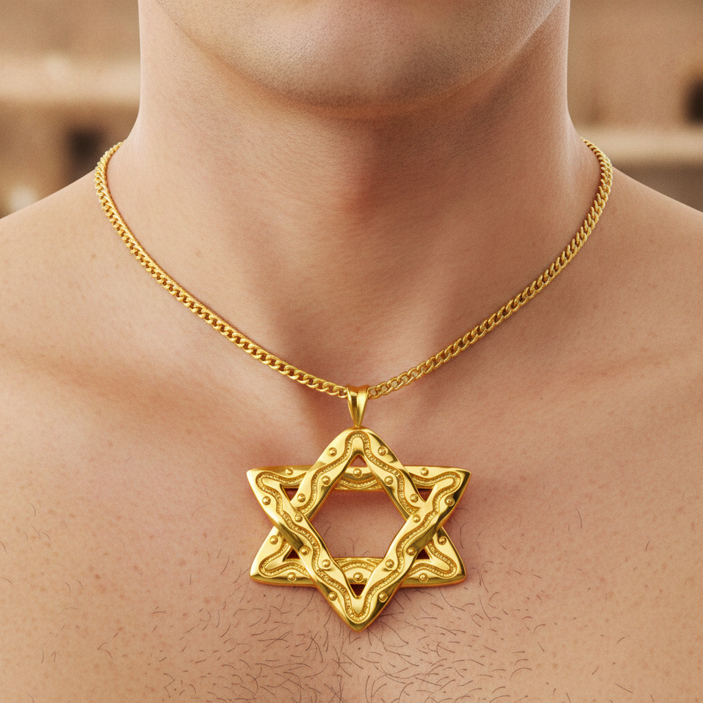 Interwoven Star of David Pendant Necklace in polished yellow brass by MokshaGoldSculptures.