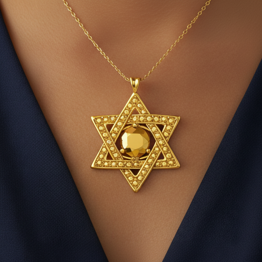 Star of David Pendant Necklace in 18K gold by MokshaGoldSculptures, jeweled hexagram on chest, elegant finish shown.