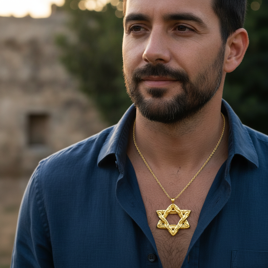 Interwoven Star of David Pendant Necklace in polished yellow brass by MokshaGoldSculptures on a man outdoors.