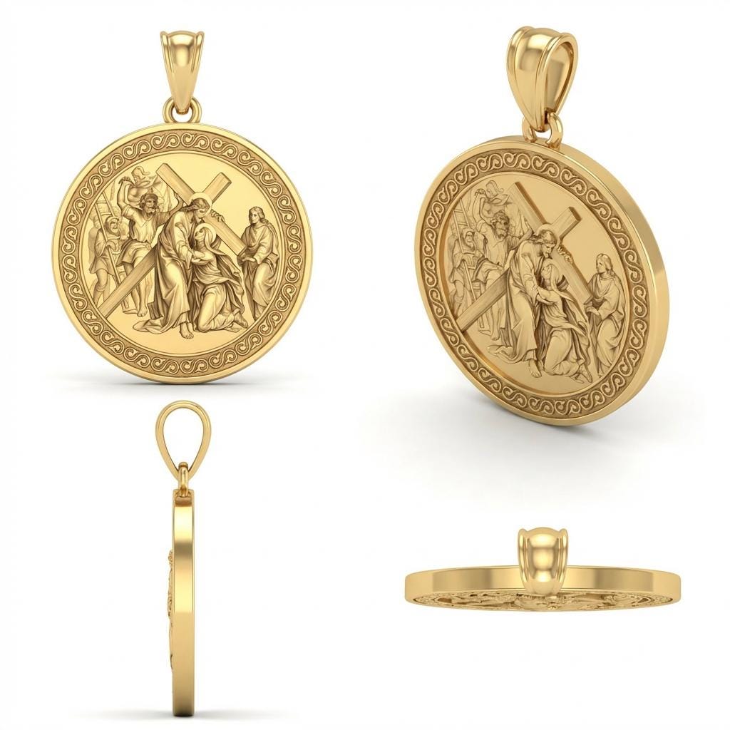 Jesus Carrying the Cross Pendant with Crowd – Christ Blessing a Kneeling Woman, Gold & Silver Religious Jewelry