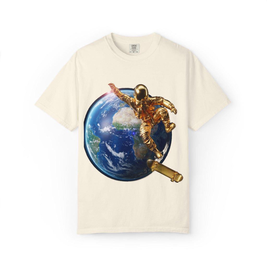 Golden Astronaut Skateboard Soaring High Futuristic Cosmic Ride in Style