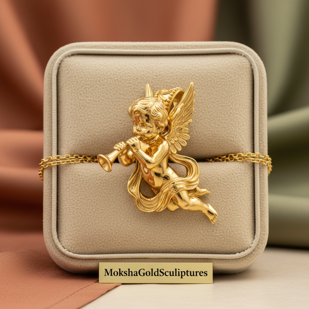 Golden Cherub Flute Pendant Necklace | Guardian Angel Jewelry | 9K Gold, Sterling Silver & Yellow Brass