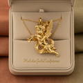Golden Cherub Flute Pendant Necklace | Guardian Angel Jewelry | 9K Gold, Sterling Silver & Yellow Brass