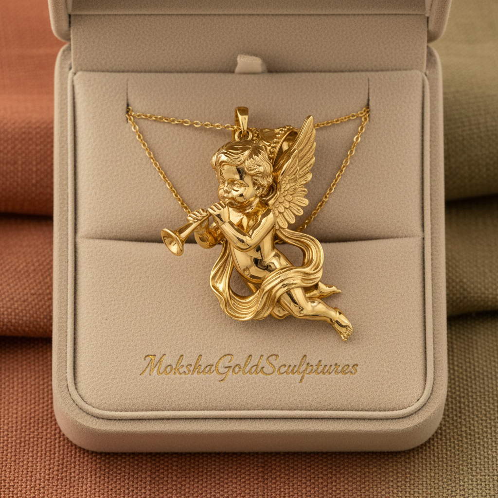 Golden Cherub Flute Pendant Necklace | Guardian Angel Jewelry | 9K Gold, Sterling Silver & Yellow Brass