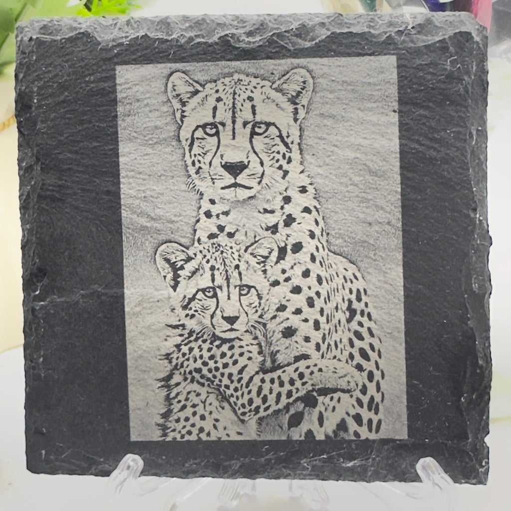 Cheetah Cub Hugging Mother Slate Coaster | Wildlife Animal Love Coaster | Natural Slate Gift for Animal Lovers