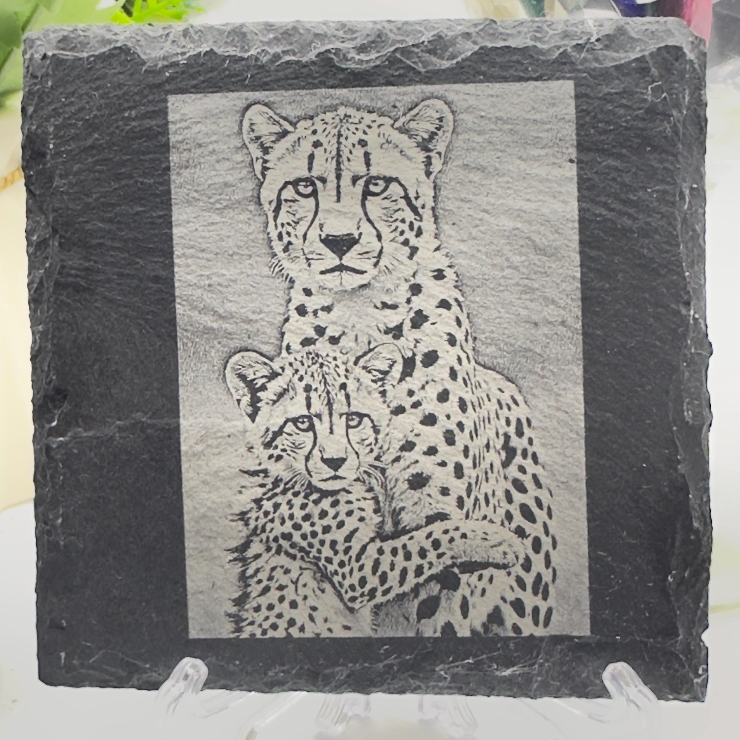 Cheetah Cub Hugging Mother Slate Coaster | Wildlife Animal Love Coaster | Natural Slate Gift for Animal Lovers