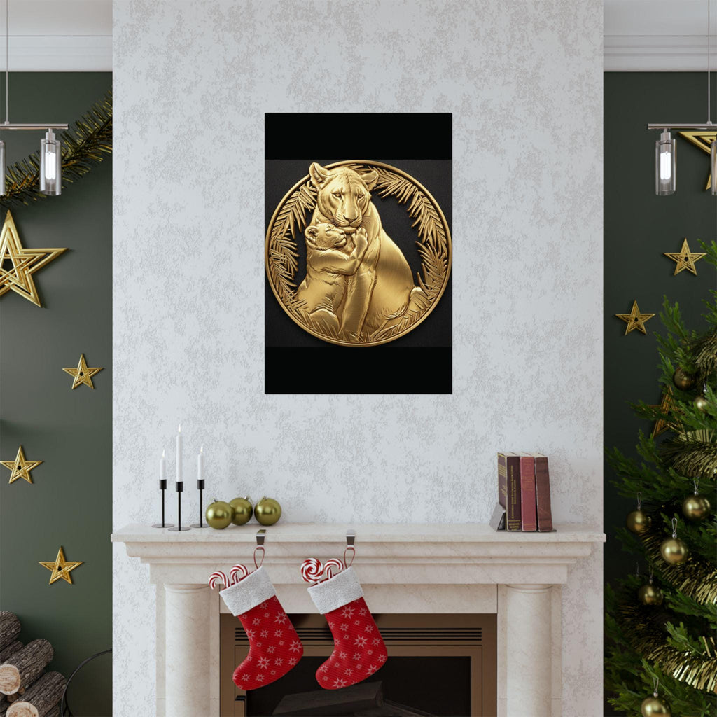 Lion Cub Hugging Lioness Pendant in silver finish by MokshaGoldSculptures displayed with Christmas decor and greenery.