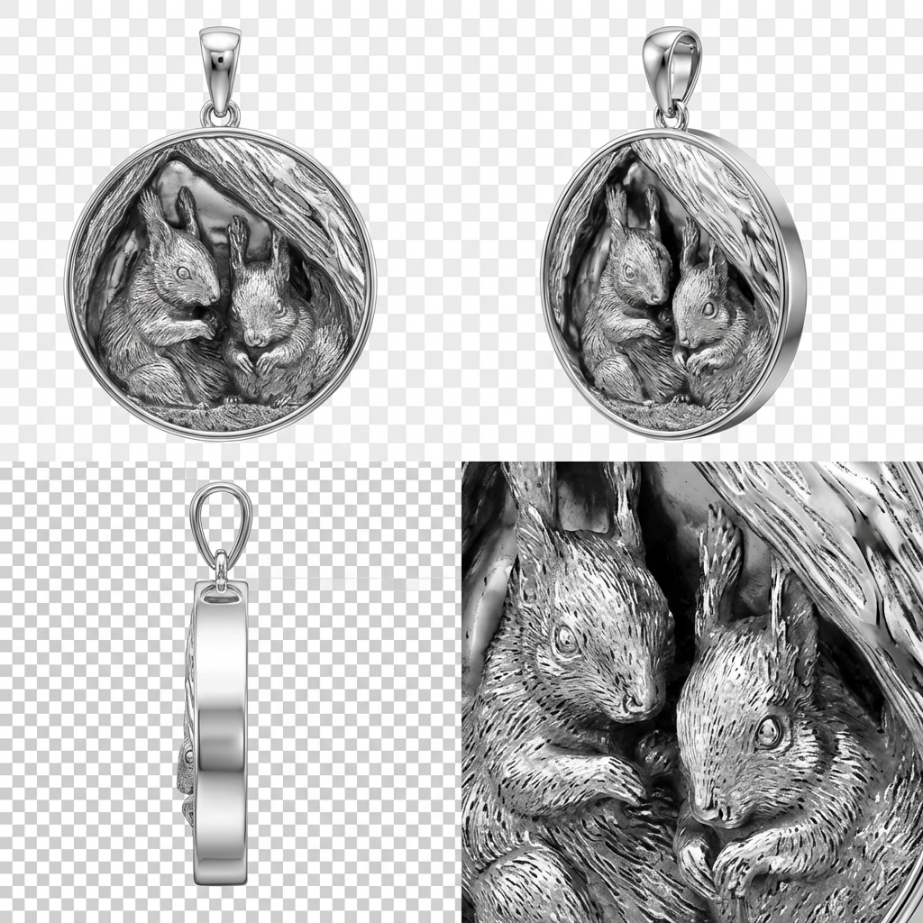 Squirrel Pair Tree Nest Pendant – Gold, Silver & Brass Jewelry, Wildlife Animal Charm, Nature Inspired Collectible