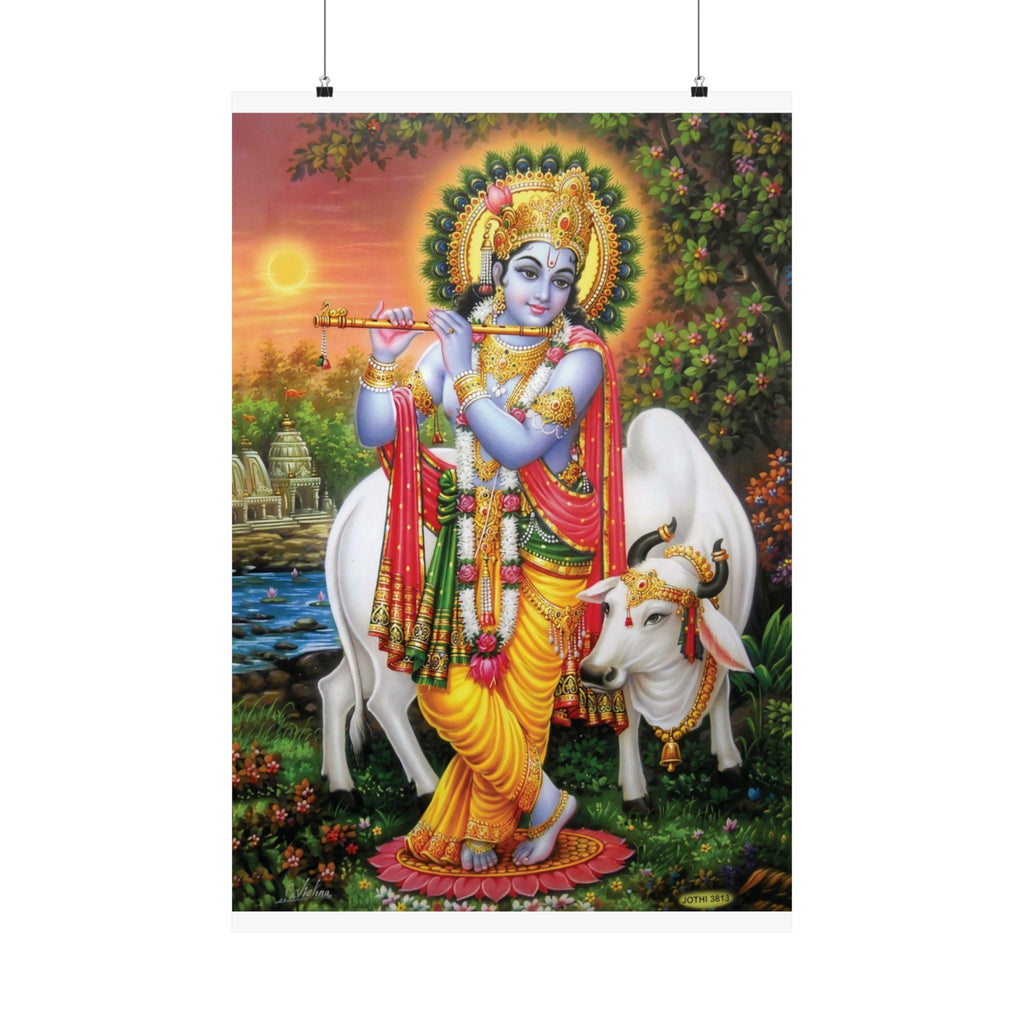 Krishna Playing Flute Matte Vertical Poster | Hindu Devotional Wall Art