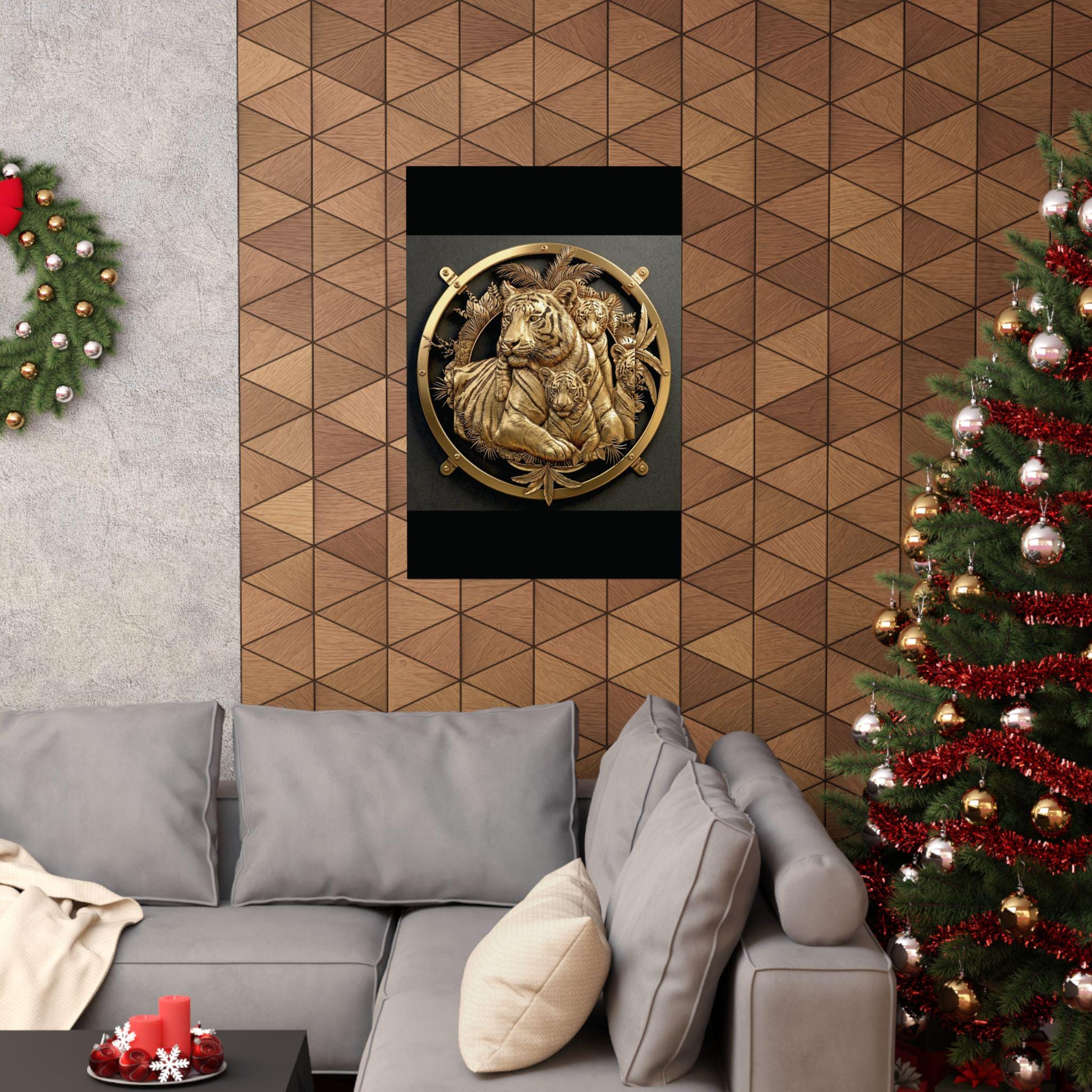 Gold Tiger Family Wall Art, Jungle Circle Framed Poster