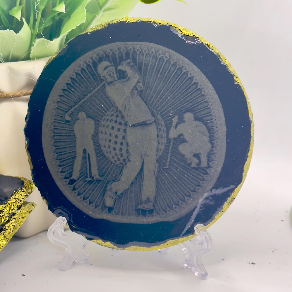 Golfer Medal Coaster – 3D Golf Themed Resin Coaster with Gold Rim – Gift for Golf Lovers