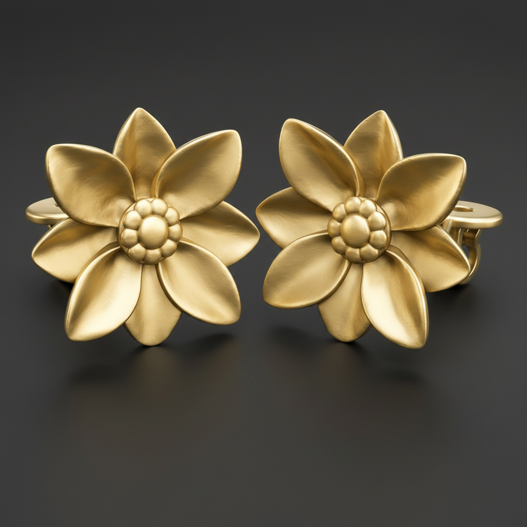 Polished Brass Flower Stud Earrings with textured petals by MokshaGoldSculptures, elegantly displayed on a dark background.