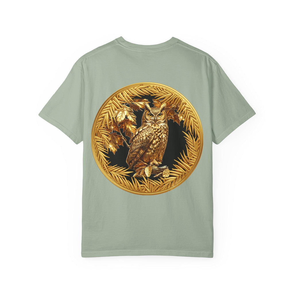 Eared Owl Gold Print T-Shirt Exotic Wildlife Night Scene with Majestic Owl Design