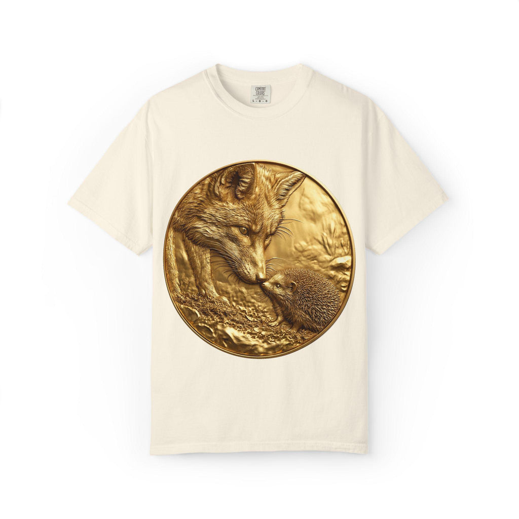 Golden Fox and Hedgehog T-Shirt  Curious Wildlife Scene in Luxury Gold Print Design