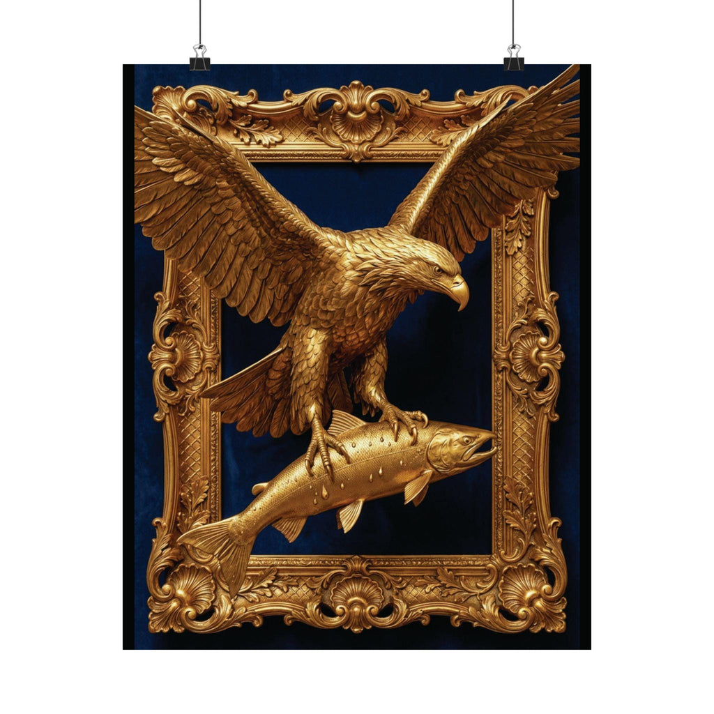 Gold Bald Eagle Salmon Wall Art, Luxury Wildlife Poster