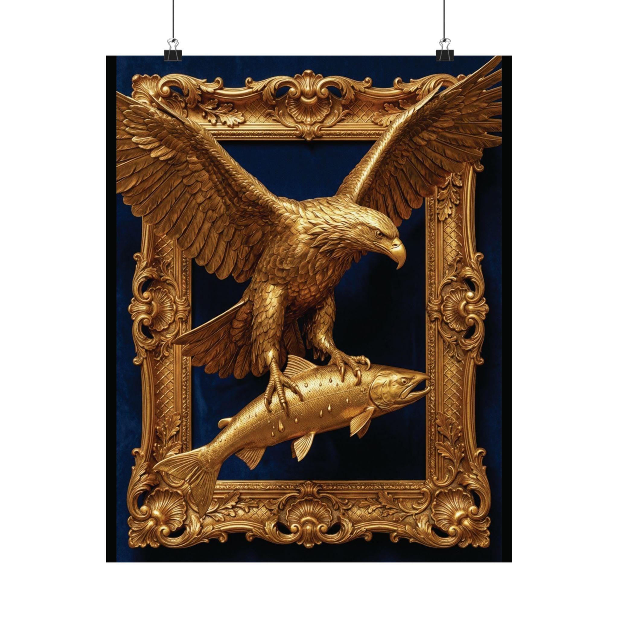 Gold Bald Eagle Salmon Wall Art, Luxury Wildlife Poster