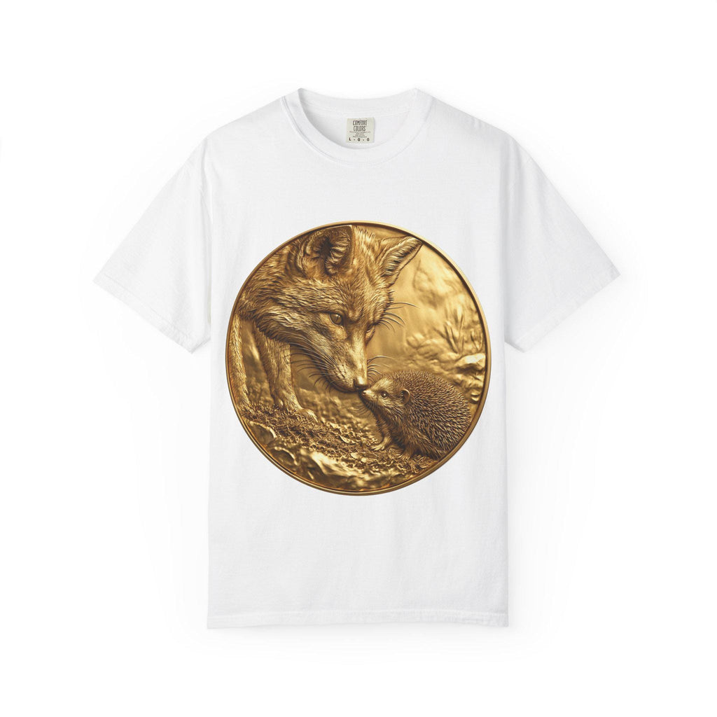 Golden Fox and Hedgehog T-Shirt  Curious Wildlife Scene in Luxury Gold Print Design