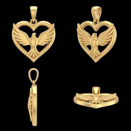 18K Gold Dove Pendant, 3D Heart Valentine's Gift