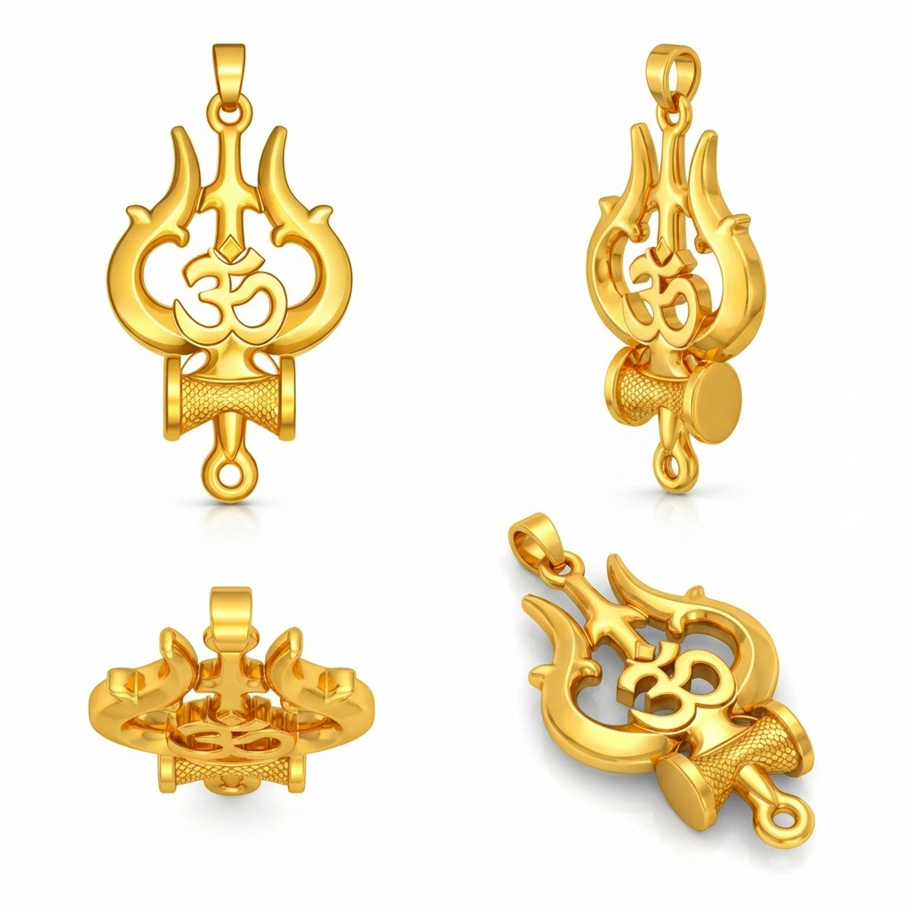Gold Om Shiva Trishul Pendant 35x22mm – Polished Necklace Charm – Jewelry Casting Design