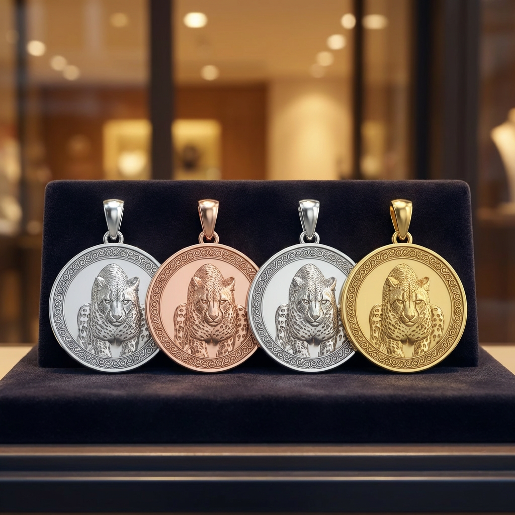 Cheetah Pendant Necklace – Gold & Sterling Silver, Predator in Attack Pose, Bold Wildlife Jewelry with Prominent Eyes