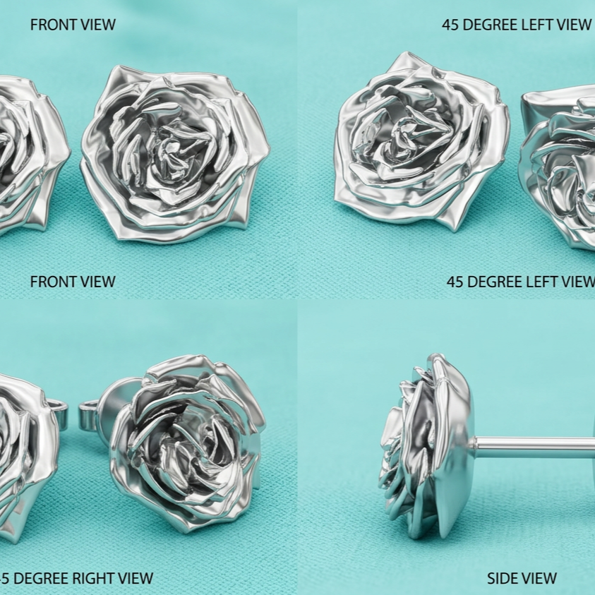 Rose Stud Earrings in gold finish by MokshaGoldSculptures, 14mm, shown from multiple angles with sculpted floral details.