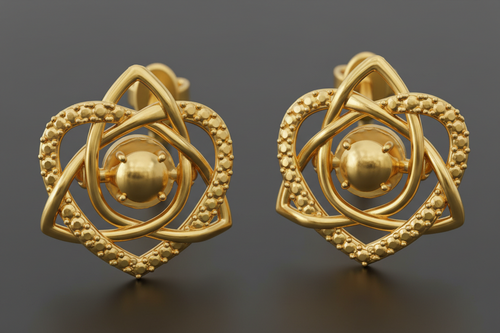 Celtic Trinity Knot Heart Stud Earrings in 9K gold, silver, brass by MokshaGoldSculptures, polished finish.