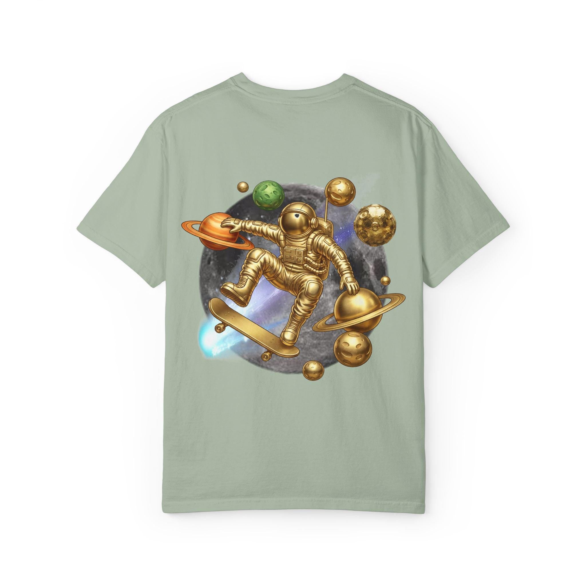 Golden Astronaut Skateboard T-Shirt | Space Planets Graphic