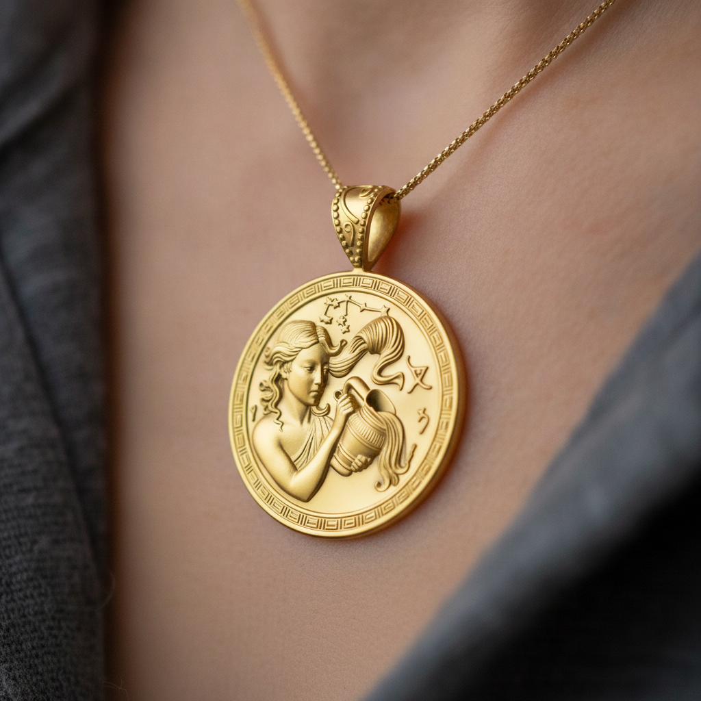 Aquarius Zodiac Medallion Necklace, 25mm Water Bearer Pendant, Greek Astrology Coin Necklace, 9K Gold, Sterling Silver or Yellow Brass, Zodiac Birthday Gift