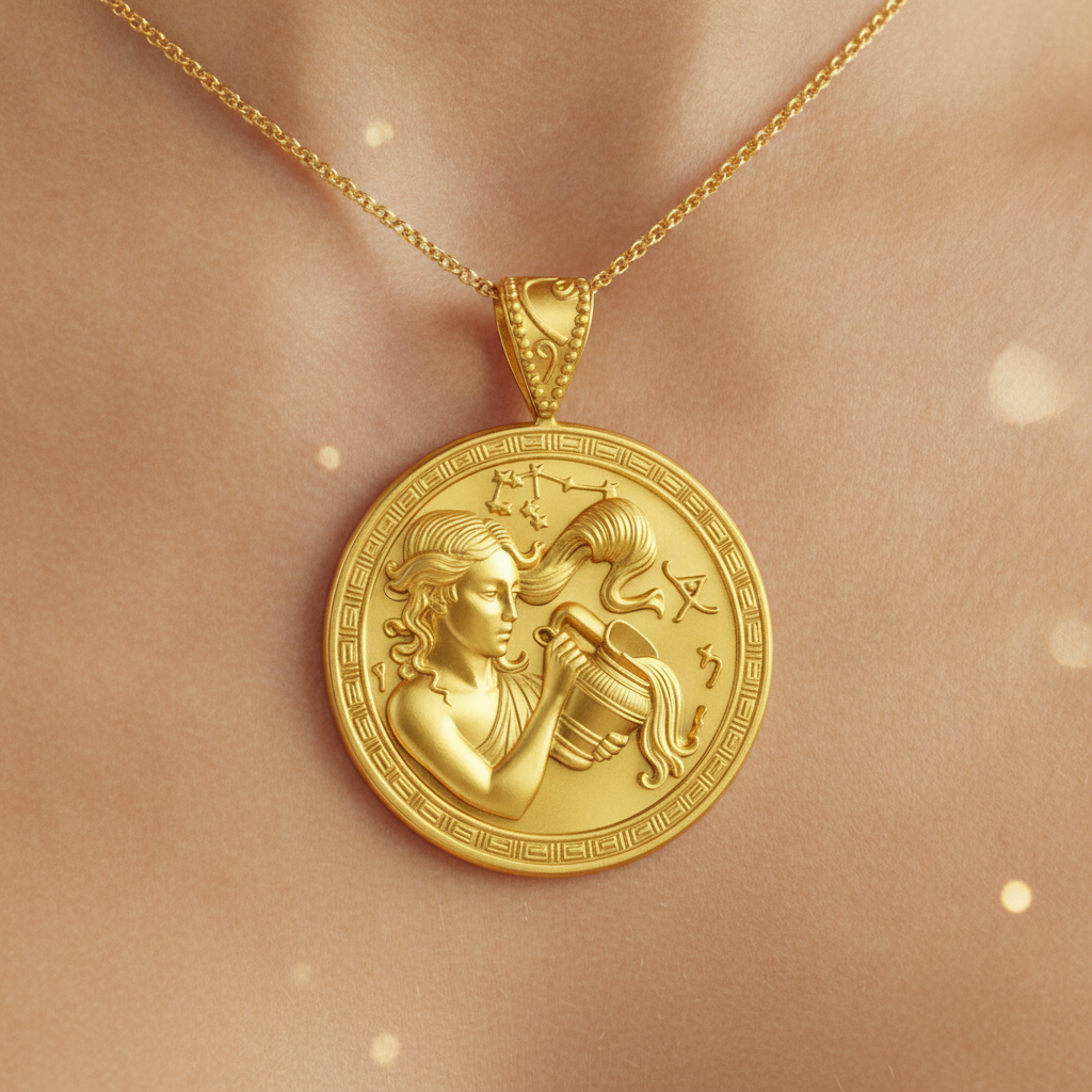 Aquarius Zodiac Medallion Necklace, 25mm Water Bearer Pendant, Greek Astrology Coin Necklace, 9K Gold, Sterling Silver or Yellow Brass, Zodiac Birthday Gift