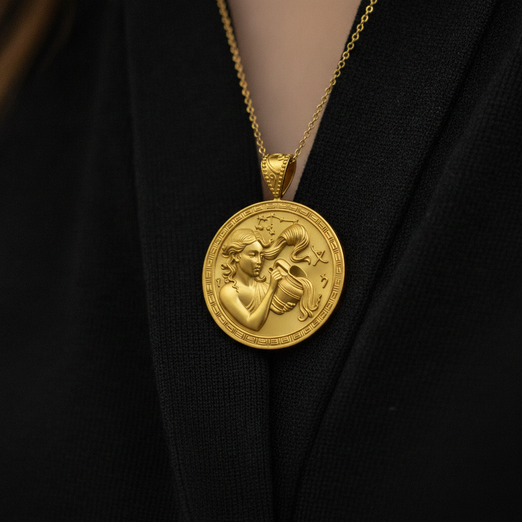 Aquarius Zodiac Medallion Necklace, 25mm Water Bearer Pendant, Greek Astrology Coin Necklace, 9K Gold, Sterling Silver or Yellow Brass, Zodiac Birthday Gift