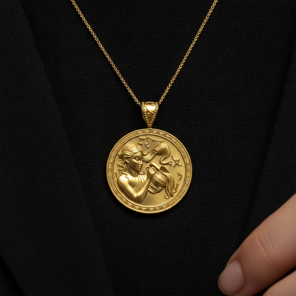 Aquarius Zodiac Medallion Necklace, 25mm Water Bearer Pendant, Greek Astrology Coin Necklace, 9K Gold, Sterling Silver or Yellow Brass, Zodiac Birthday Gift