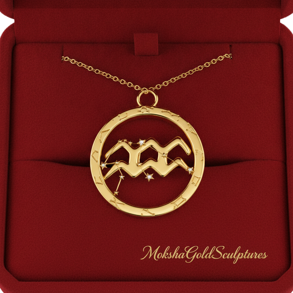 Aquarius Zodiac Pendant Necklace, 30mm Aquarius Symbol Necklace, Water Bearer Astrology Gift, 9K Gold, Sterling Silver or Yellow Brass