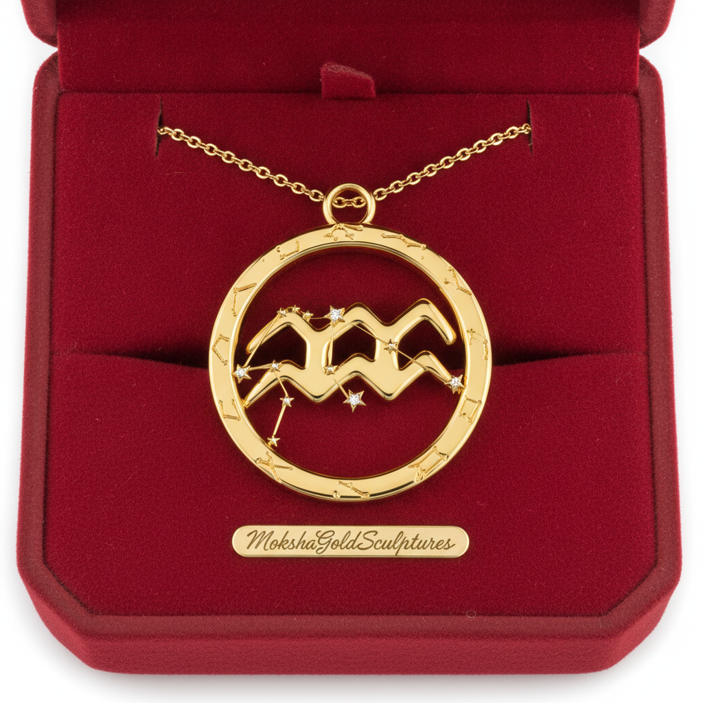 Aquarius Zodiac Pendant Necklace, 30mm Aquarius Symbol Necklace, Water Bearer Astrology Gift, 9K Gold, Sterling Silver or Yellow Brass