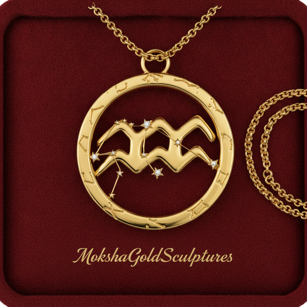 Aquarius Zodiac Pendant Necklace, 30mm Aquarius Symbol Necklace, Water Bearer Astrology Gift, 9K Gold, Sterling Silver or Yellow Brass