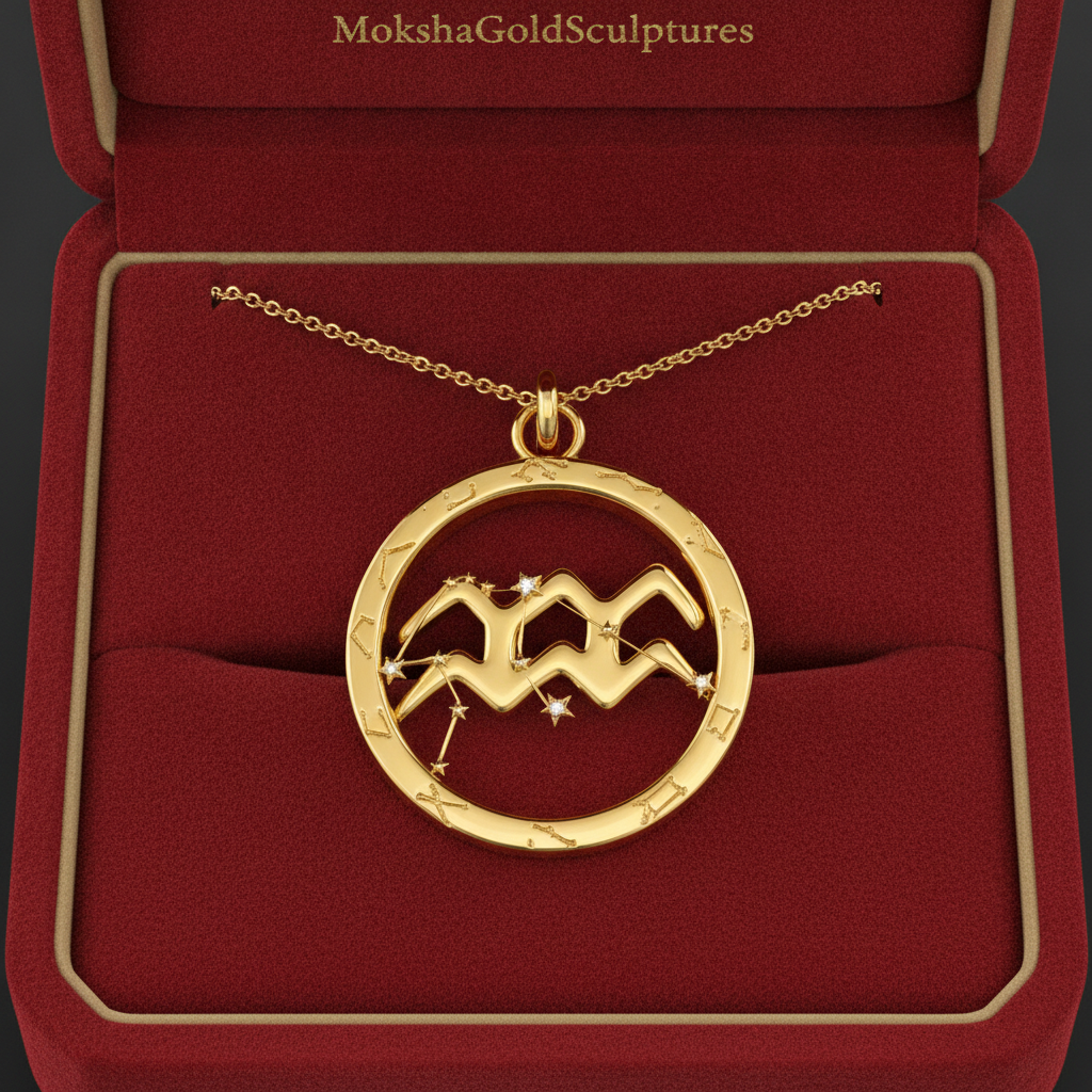 Aquarius Zodiac Pendant Necklace, 30mm Aquarius Symbol Necklace, Water Bearer Astrology Gift, 9K Gold, Sterling Silver or Yellow Brass