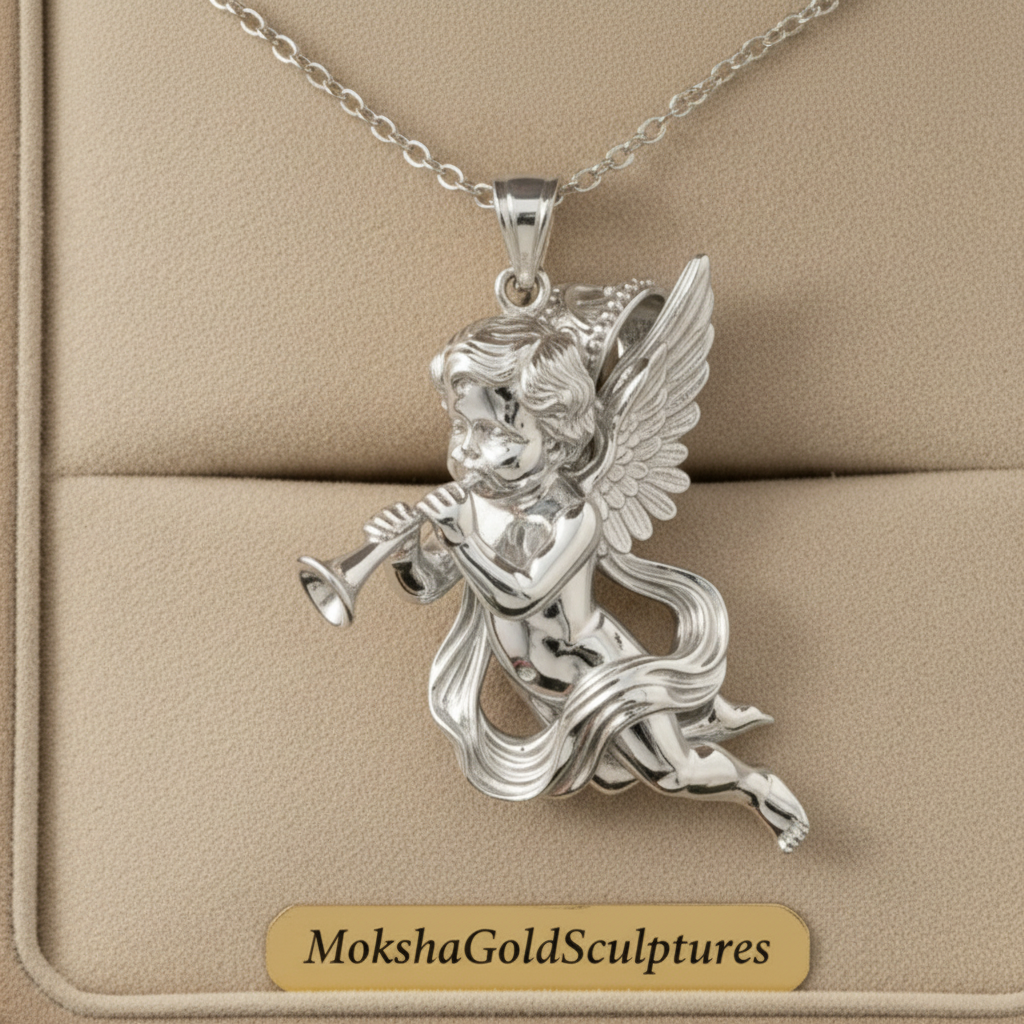 Golden Cherub Flute Pendant Necklace | Guardian Angel Jewelry | 9K Gold, Sterling Silver & Yellow Brass