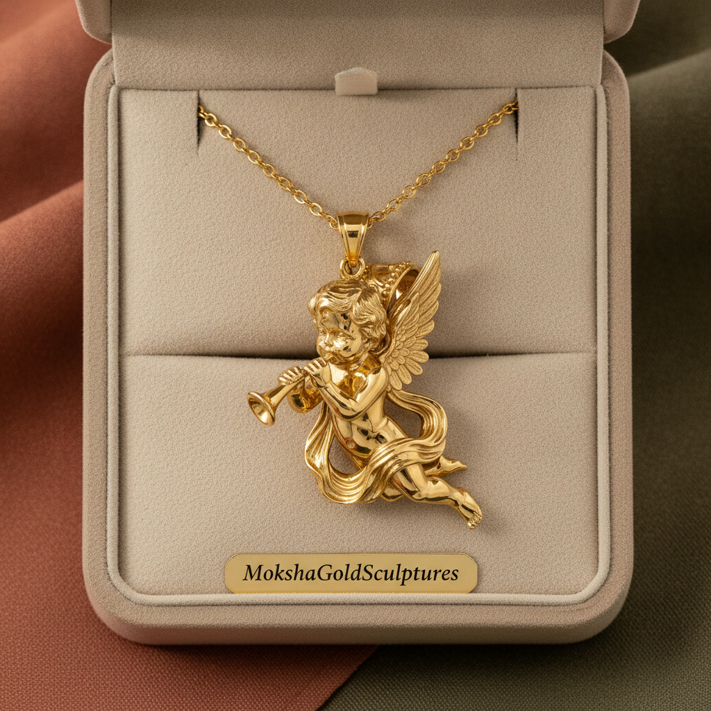 Golden Cherub Flute Pendant Necklace | Guardian Angel Jewelry | 9K Gold, Sterling Silver & Yellow Brass