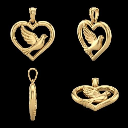3D Dove Pendant necklace in gold-plated or sterling silver by MokshaGoldSculptures, heart design shown in four views.