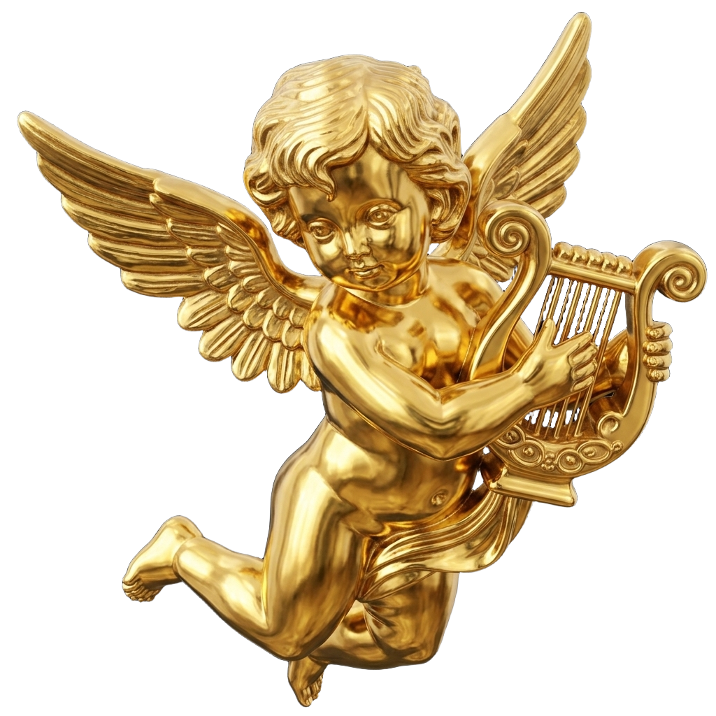 Golden Cherub Harp Pendant Necklace, Guardian Angel Jewelry, 9K Gold Angel Pendant, Sterling Silver Cherub Necklace, Religious Gift
