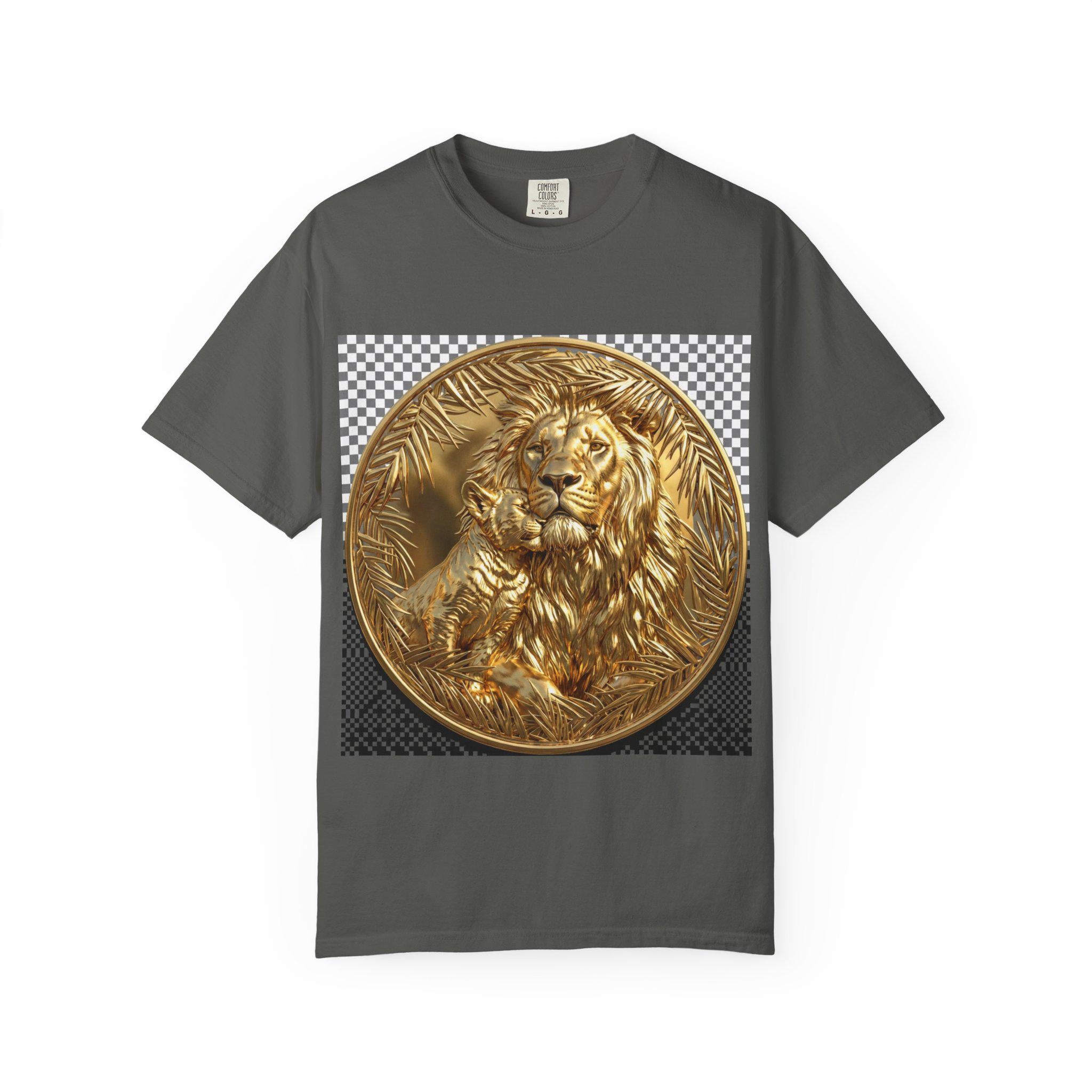 Majestic Lion with Cub Hugging Powerful Father and Cub Wildlife Gold Print T-Shirt