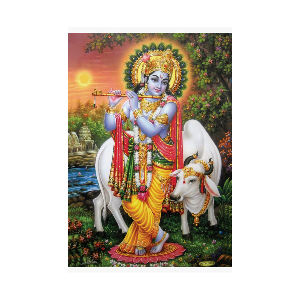 Krishna Playing Flute Matte Vertical Poster | Hindu Devotional Wall Art