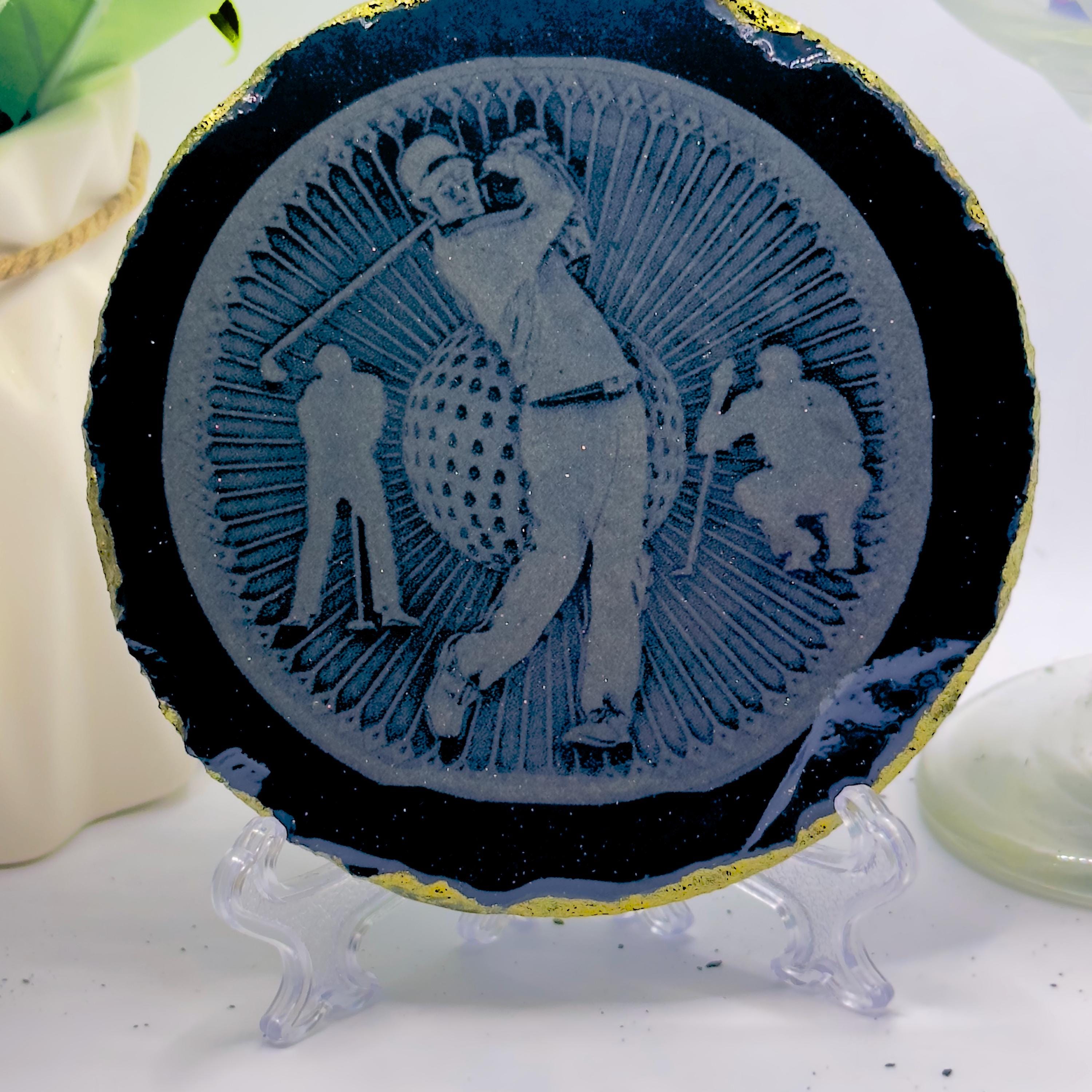 Golfer Medal Coaster – 3D Golf Themed Resin Coaster with Gold Rim – Gift for Golf Lovers
