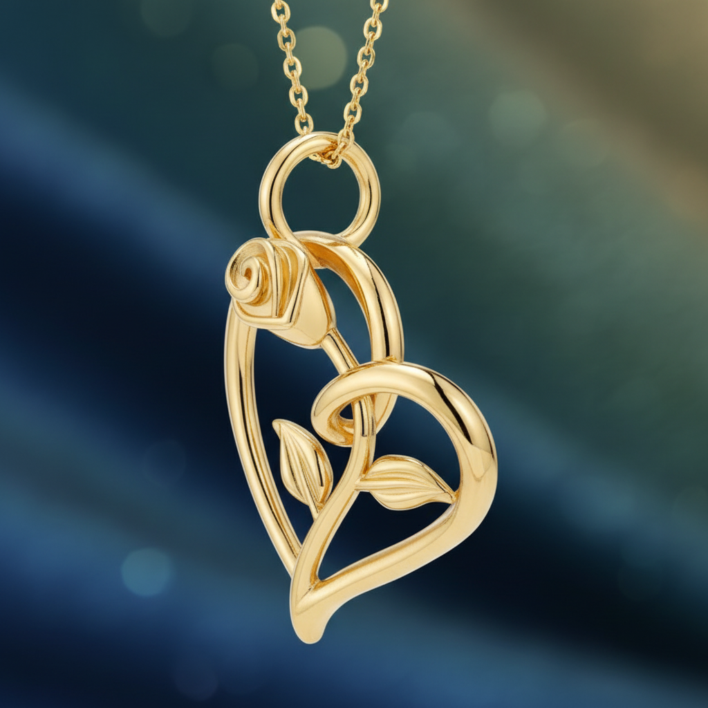 Golden Rose Heart Pendant Necklace – Solid 14K or 18K Gold – Romantic Floral Love Jewelry