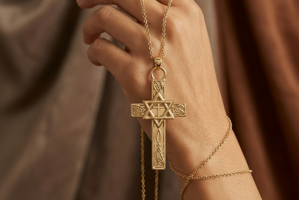 Celtic Cross with Star of David Pendant Necklace | Interfaith Jewellery | 18K Gold & Sterling Silver