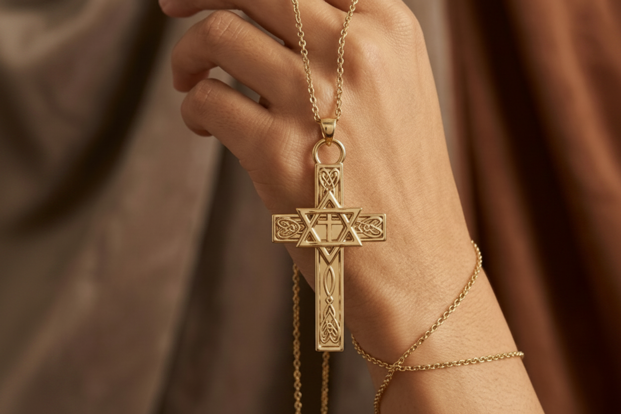 Celtic Cross with Star of David Pendant Necklace | Interfaith Jewellery | 18K Gold & Sterling Silver