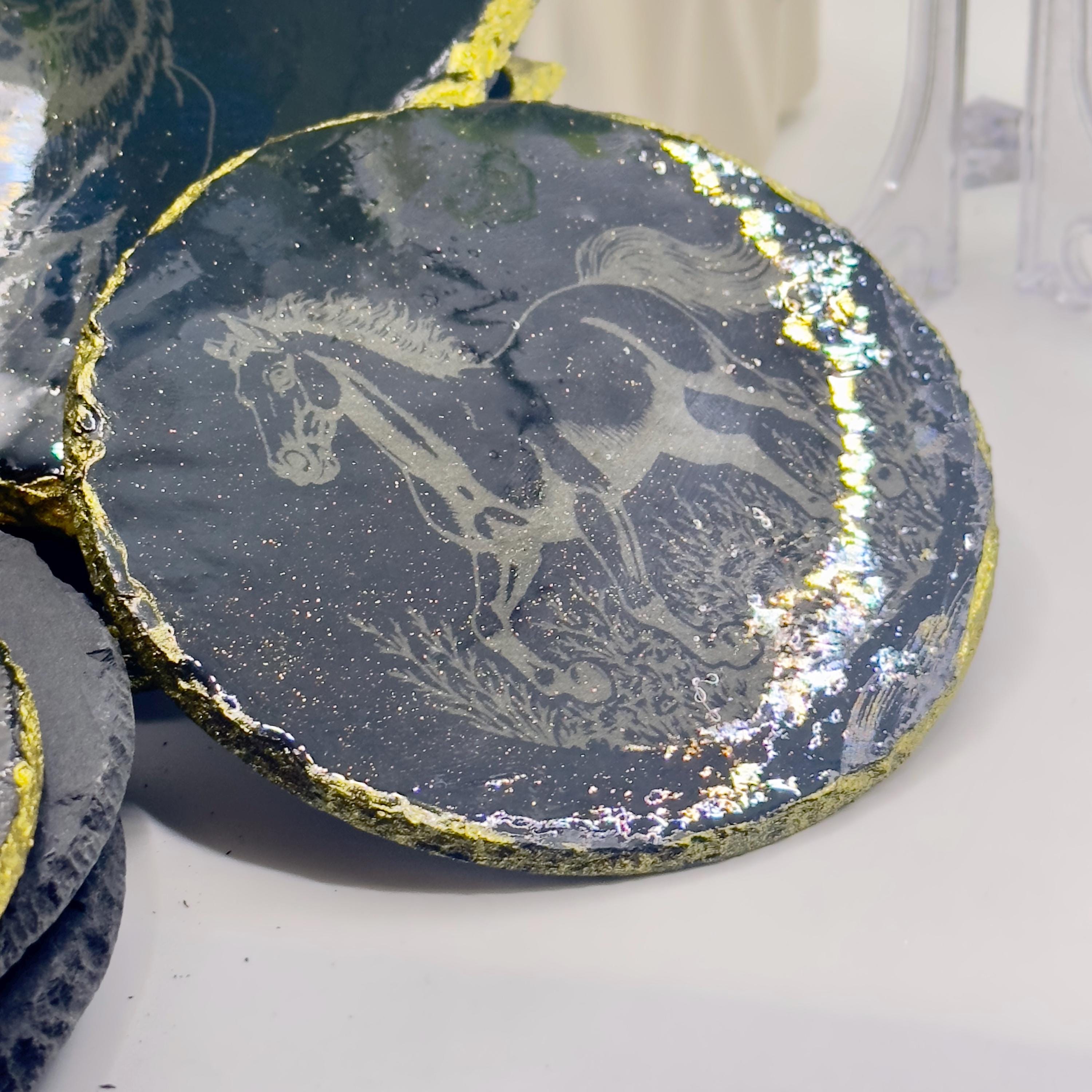 Galloping Horse Slate Coaster | Gold Rim & Epoxy Finish | Handmade Equestrian Decor | Unique Gift